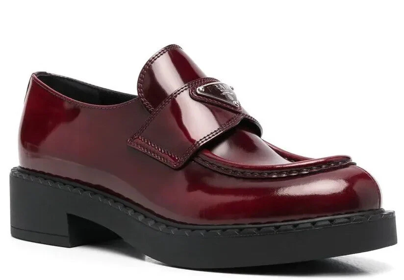 PRADA Women s Triangle Logo Leather Loafers Porpora Fume Red 36.5 6.5 US NEW