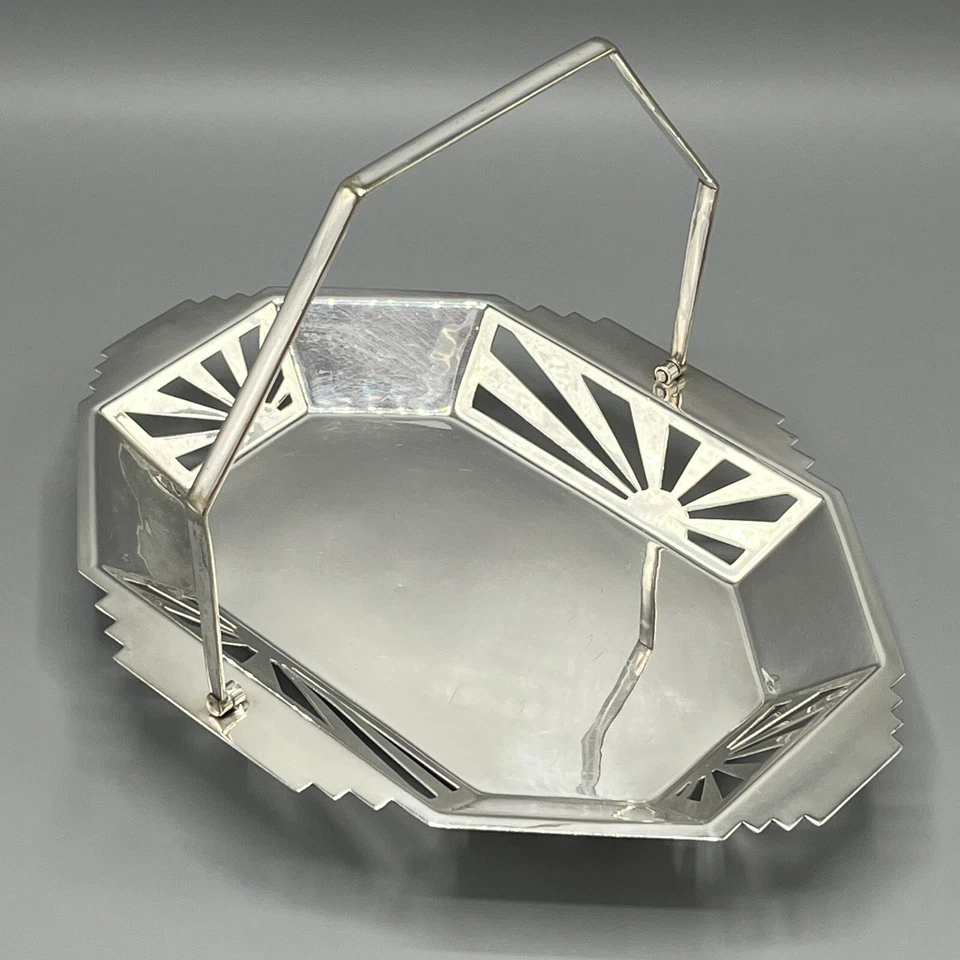 Antique Art Deco Silver Plated Fruit Cake Basket Dish Handle Sunburst Vtg 1930s - Image 3 of 4