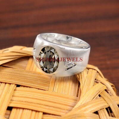 Natural Smoky Quartz With 14K White Gold Plated Silver Ring For Men's #1430