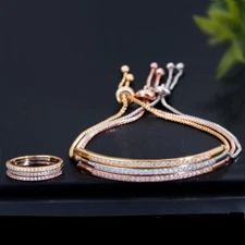 Adjustable Rose Gold Plated Cubic Zirconia Ring Bracelet for Women Jewelry Set 