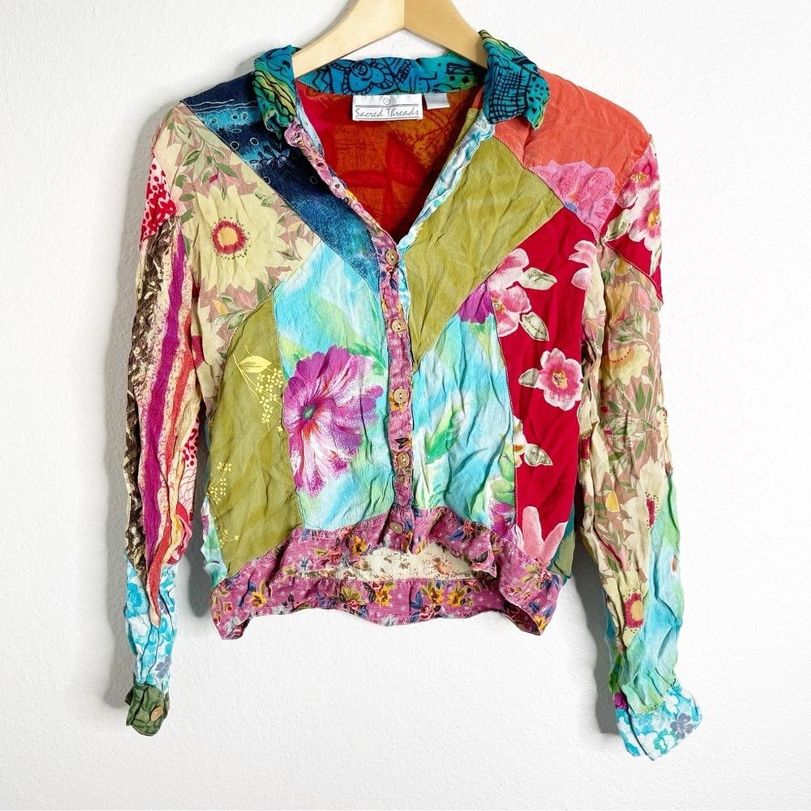 Vintage Y2K Patchwork Button Down Long Sleeve Top… - image 1