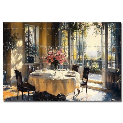 Elegant Dining Room Art Print, Floral Table Interior, Refined Home Decor