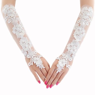 Sweet Embroidery Floral Lace Long Gloves Sheer Mesh Wedding Bridal Prom Mittens