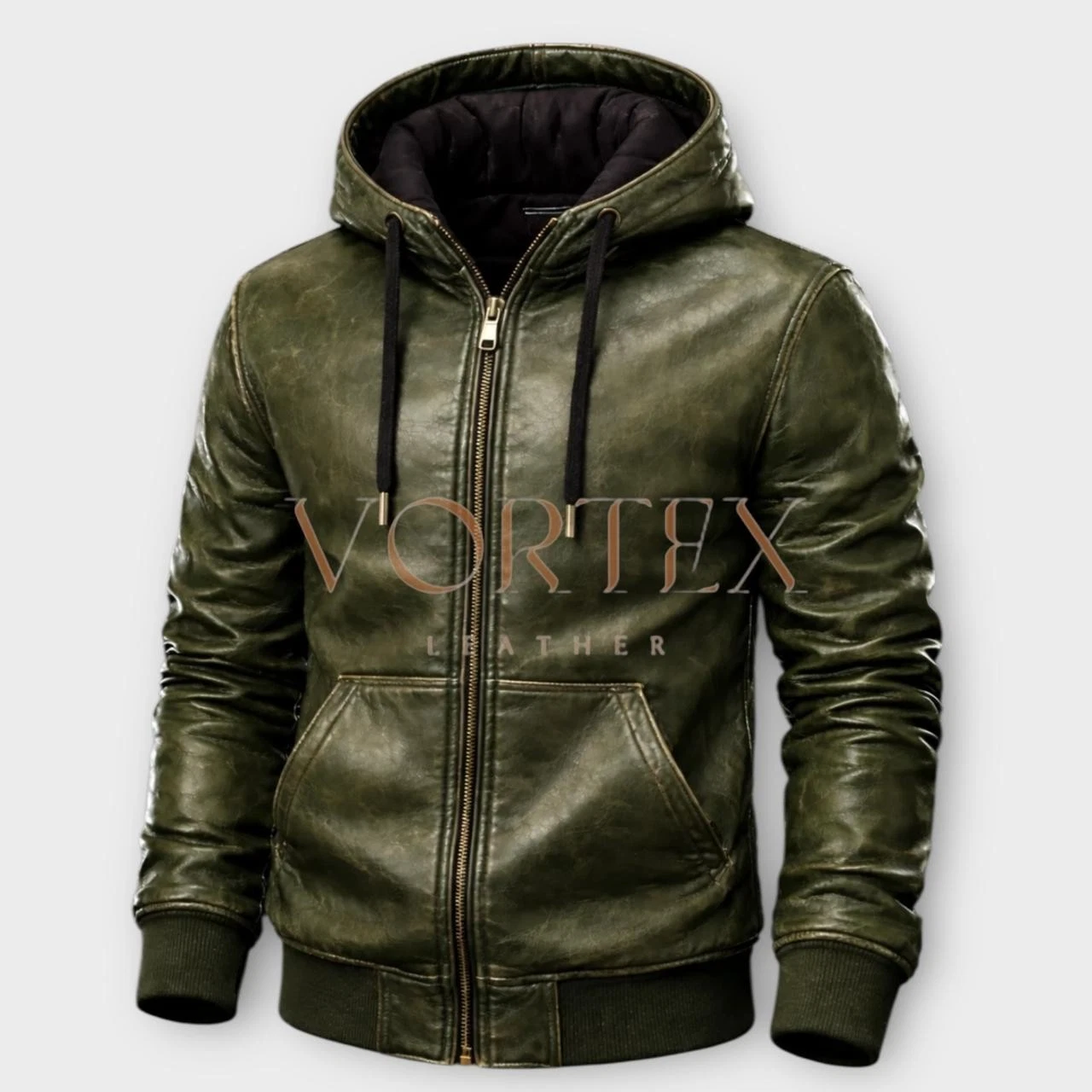Men's Dark Green Leather Hoodie Real Lambskin Leather Hoodie Front Zipper Style
