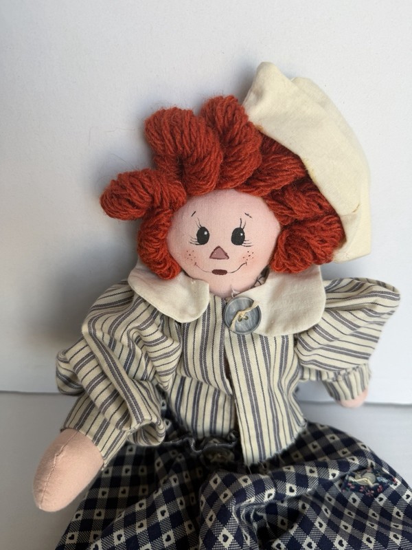 Vintage Rag & Cloth Clown Doll Red Curly Yarn Hair Striped Outfit Black Shoes