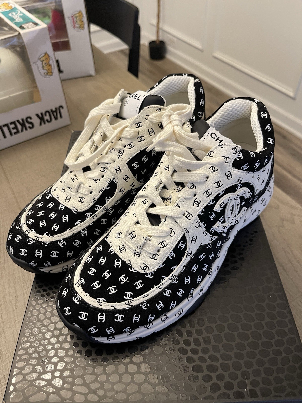 40.5EU (9US W) - Chanel Black White Suede Printed CC Logo Flat Runner Trainer