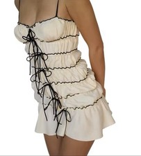 New Strappy Light Beige Contrast Black Lace Up Ties Boho Summer Mini Dress M 10