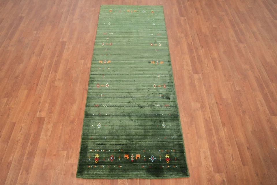 Handmade Green Gabbeh Runner Rug 3x7 Ft Tribal Oriental Silk Carpet for Hallway - Image 2 of 4
