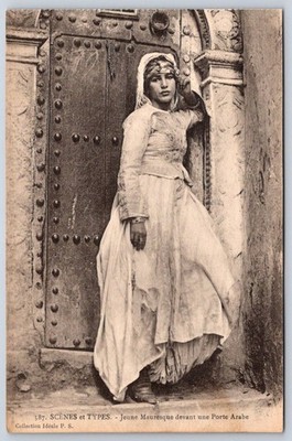Antique Algeria Postcard ALGIERS Young Moorish Woman Arab Door RPPC