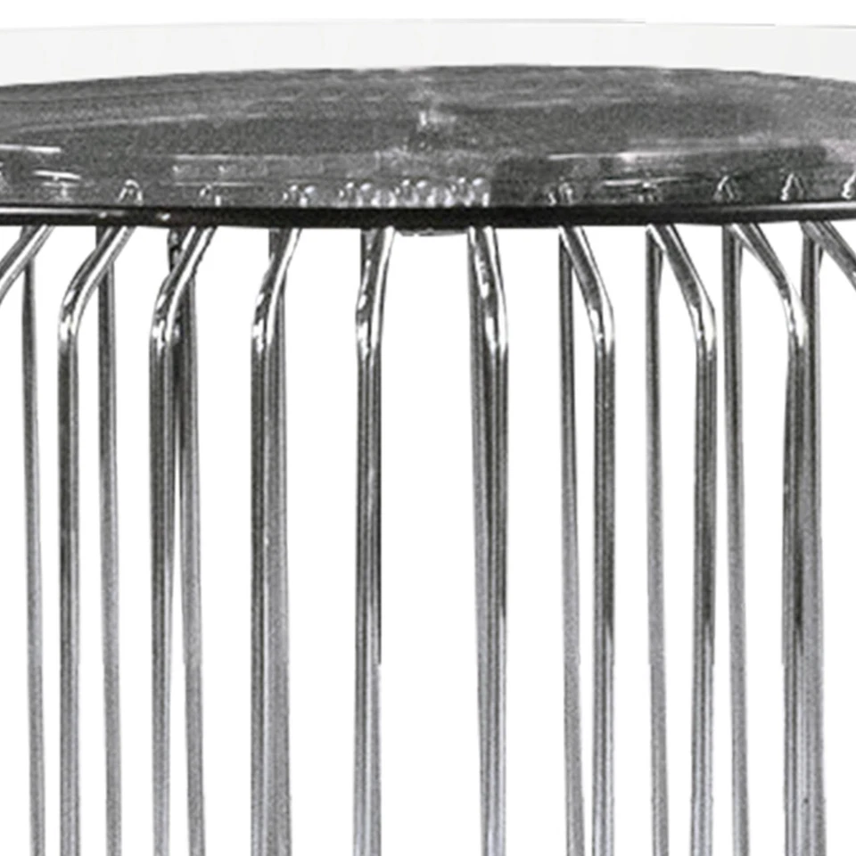 Base de mesa de comedor cilíndrica Benjara de 35 pulgadas solamente, metal cromado pulido enjaulado Foto 3 de 4