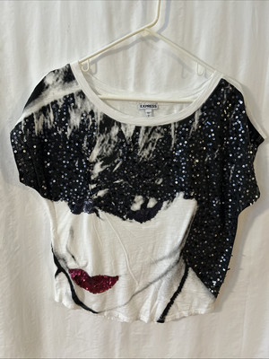 VTG Express Womens Top Y2K Black Red Lips Sequins Slinky Grunge Model Size SP