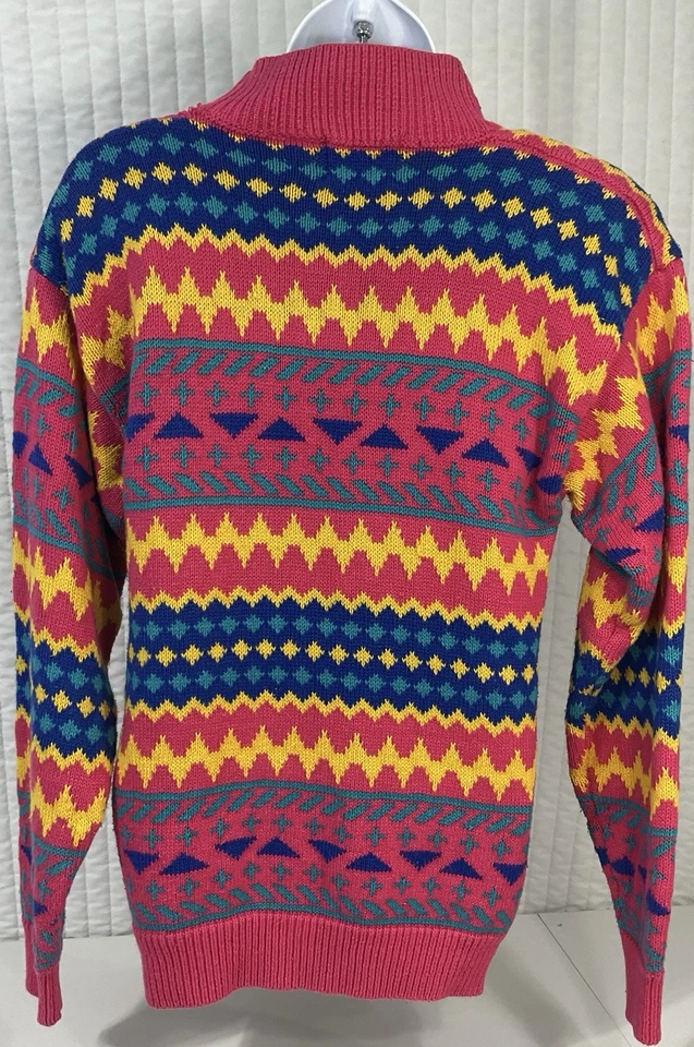 复古 80 年代 Brightsider 几何针织毛衣粉色黄色蓝色模拟领 M  — 第 3/4 张图片