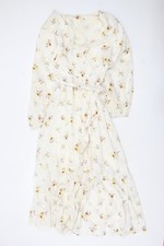 H&M Women Ivory Floral Wrap Midi Dress Size 12 Cotton Long Sleeve
