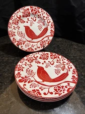 PIER 1 Red Bird Cardinal Salad Dessert Stoneware Plates 8” Set of 4- So Pretty!