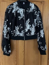 D & M Black Silver Embroidered Sequin Zipper Front Jacket Large