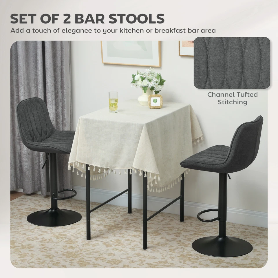 Bar Stools Set of 2 Charcoal Grey Linen 50W x 50D x 112H cm Steel Padded Swivel - Image 4 of 4