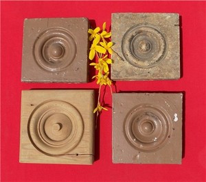 4 Plinth Blocks, Antique Bullseye Rosettes, Architectural Salvage, Wood Trim A21