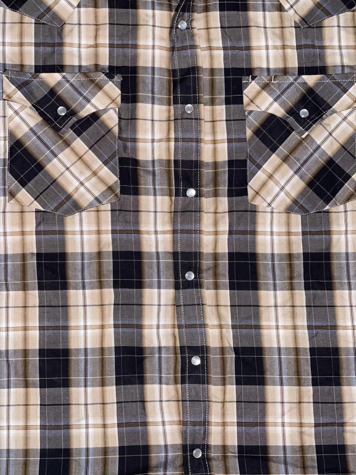 Camisa de Ganadero ELY Para Hombres Grande Marrón A Cuadros Perla Occidental A Presión Manga Larga Vaquero Foto 3 de 4