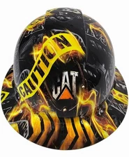 full brim hard hat custom hydro dipped IN UNDER CONSTUCTION CAUTION CAT DIESEL