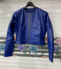 Giacca donna maniche lunghe crop 100% vera pelle di agnello morbida pelle blu...