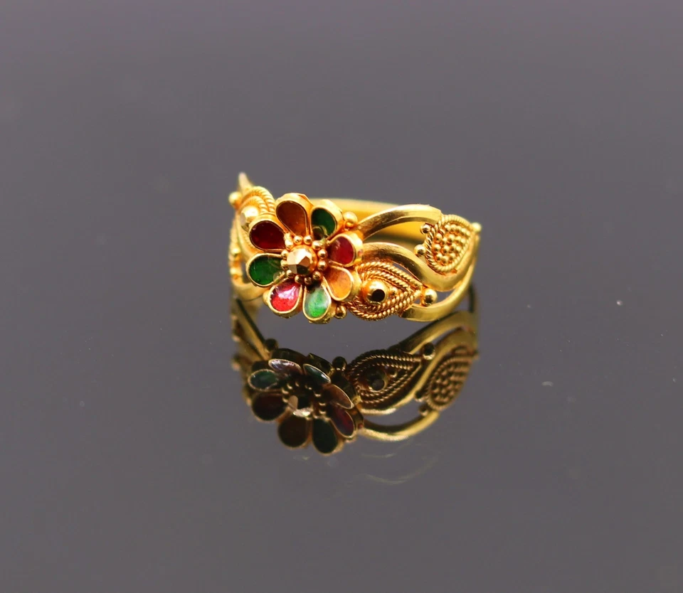 INDIAN FILIGREE WORK 22K CT GOLD ENAMEL RING FLOWER DESIGN BAND UNISEX GIFTING - Image 2 of 4