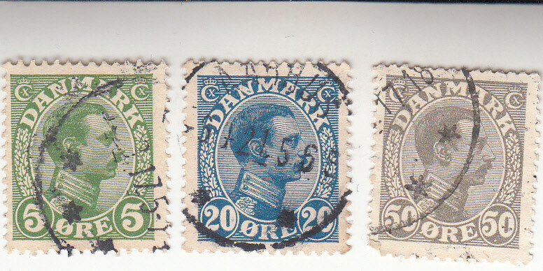 DENMARK 1913-1921. KING CHRISTIAN X. 5 ore, 20 ore, 50 ore. USED