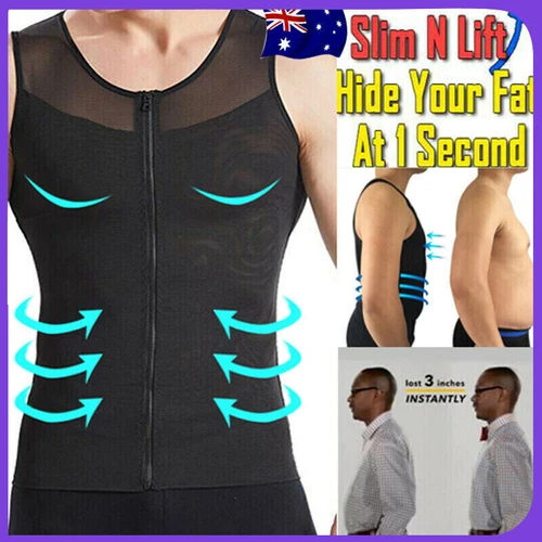 Men Slimming Body Shapewear Gynecomastia Compression Vest Zip Up Shirt Tank Tops - Picture 1 of 24