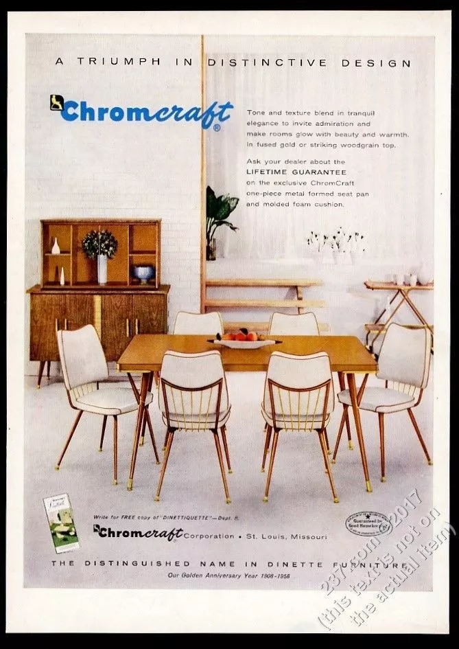 1958 Chromcraft modern dinette table white padded chairs vintage