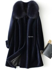 100 Wool Shearling Real Fox Fur Collar Women Mid Long Coat Overcoat Warm Winter