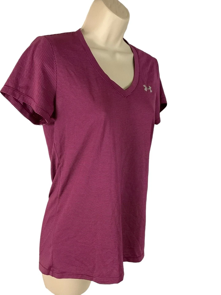 Under Armour Mujer Talla S Púrpura Rosa Rayas Manga Corta Cuello en V Atlético Foto 2 de 3
