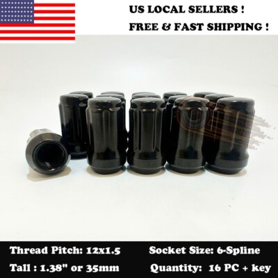 16PC+SECURE KEY 12X1.5 FOR HONDA ACURA 1.38'' TALL BLACK 6 SPLINE ACORN LUG NUTS