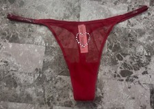 NWT VICTORIA'S SECRET RED MESH SILVER RHINESTONE HEART SHINE STRAP THONG PANTIES