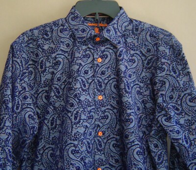 NWOT $125 LUCHIANO VISCONTI BLACK Mens S FLOCKED PAISLEY NAVY ORANGE Shirt