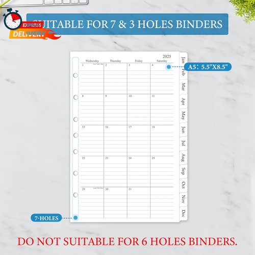 2025 Monthly Planner Refill, 7 Ring Inserts, 12 Calendars with Tabs, 5.5" X 8.5" - Picture 2 of 12