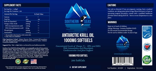 Southern Seas Antarctic Krill Oil 1000mg Softgels - 200 Gels -  1000mg per Gel - Picture 2 of 3