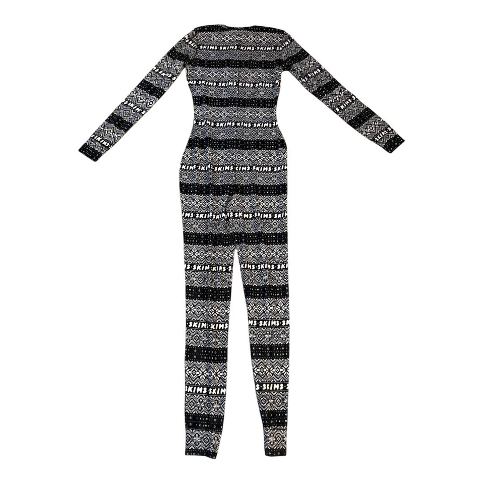 SKIMS Logo Plush Pointelle Henley Pajama Jumpsuit Black Size Large NWT - Image 2 of 4