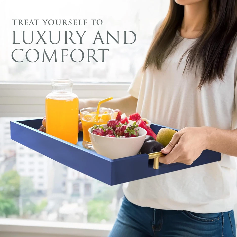 Navy Blue Serving Tray with 4 Matching Coasters, Decorative Gold Handles, Wooden - Image 3 of 4