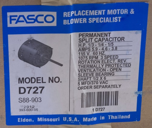 FASCO D727 DIRECT DRIVE MOTOR 3 SPEED 1/3-1/4-1/5 HP-115V NO CAPACITOR FREE SHIP - Picture 3 of 4