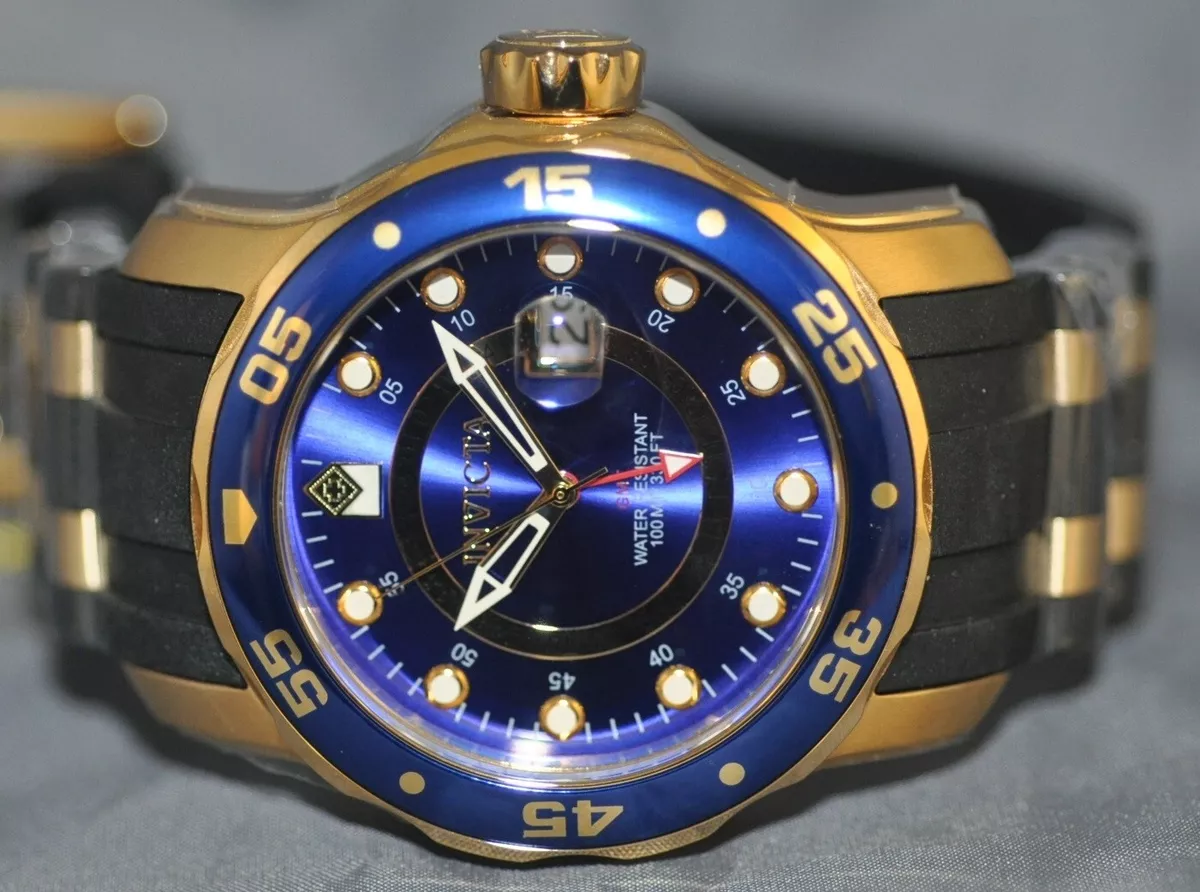 Invicta Men s Pro Diver GMT Blue Dial Black Polyurethane Gold Steel Watch 6993