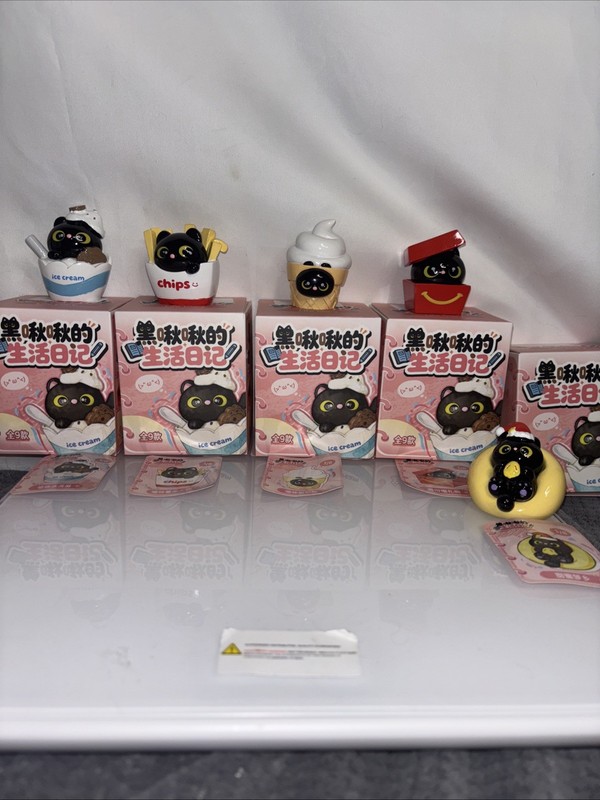 Set Of 5 Black Cat Life Diary Solid Ceramic Figures 