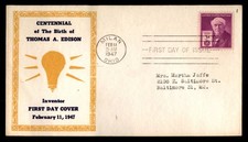 Mayfairstamps US FDC 1947 Ohio centennial of the birth of Thomas Edison First Da