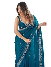 Women's Tissue Silk Scalloped Border Sequins Embroidery Saree with Blouse Piece