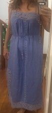 Other Blue Linen Strappy Square Neck Lace Trim Zip Midi Dress Size 10
