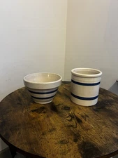 Vintage 2 Salt Glaze Finished Stoneware Pottery Crock & Bowl Blue Bands on Tan