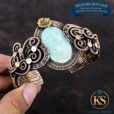 Copper Heart Chakra Amazonite Stone Birthday Wire Wrapped Flower Cuff Bracelet