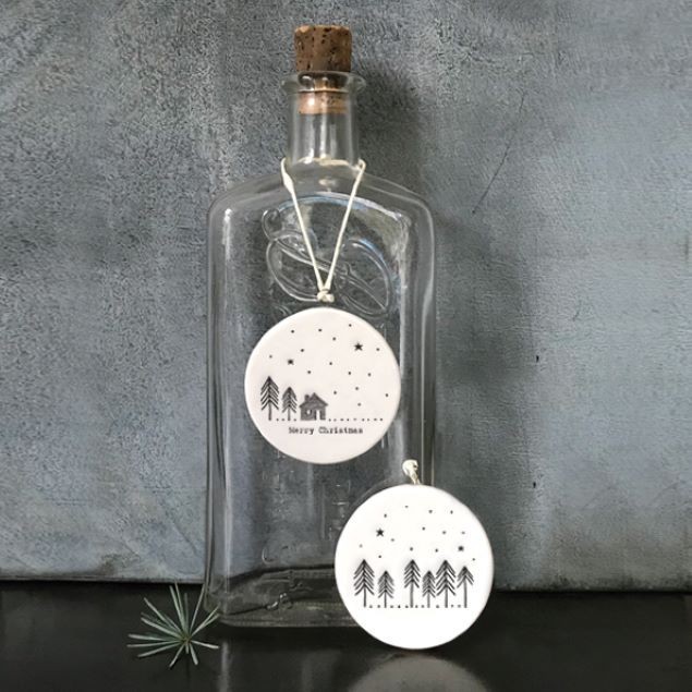 East of India Ceramic Winter Merry Christmas Flat Bauble Tree Decoration 5.5cm