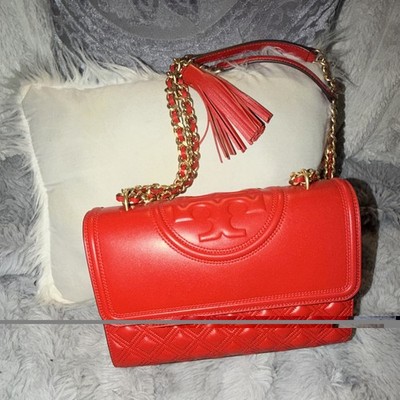 Tory Burch Red Fleming Bag Quilted Logo Tassel Chain Strap Magnetic Crossbody