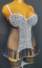 Ann Summers Underwired Cami Suspender Animal Print & Black Sheer Mesh, UK Large 