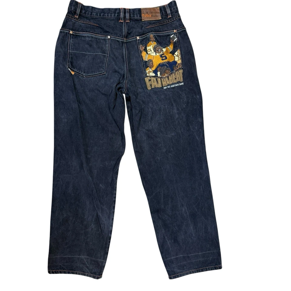 Jeans Fubu Platinum Fat Albert Años 90 Hip Hop Negros 36x34 PARCHE RARO De Colección Y2K Foto 3 de 4
