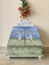 Vintage Hand-Painted Folk Art Wooden Organizer Cabinet with Garden Tea Scene